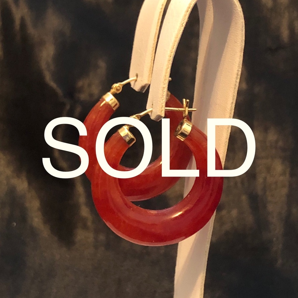 Pair 14K Yellow Gold Red Jade Hoop Earrings
